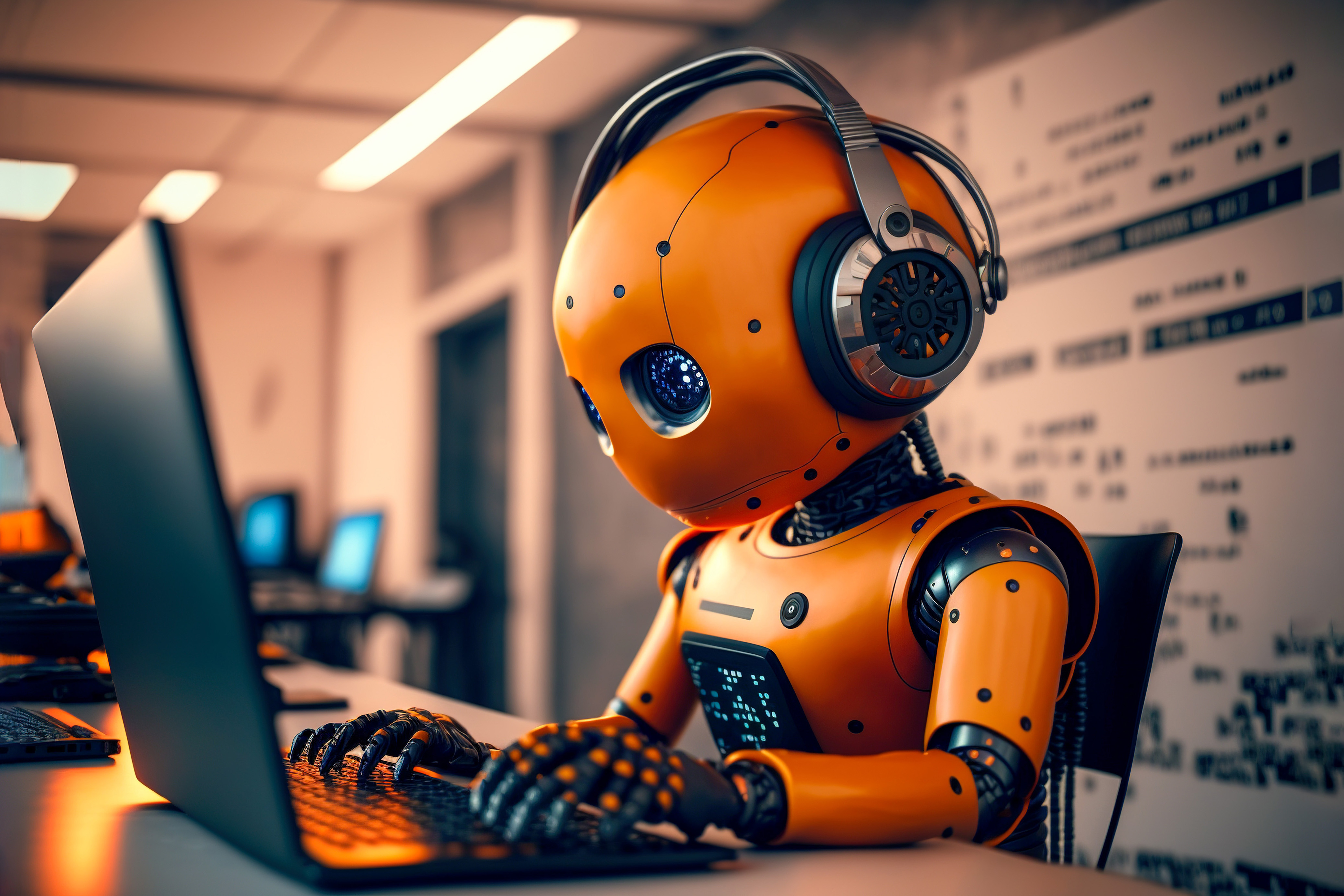 dag van de telecommunicatie - oranje robot achter laptop
